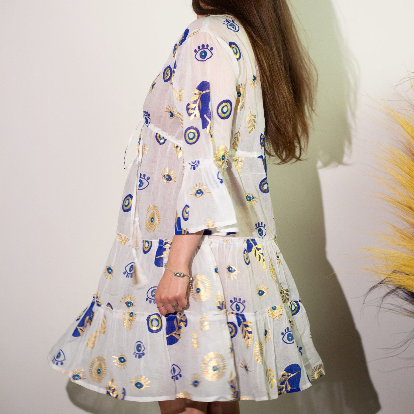 ML Nomad Sari Med Kollektion Kleid Weiß Blau Gold Böser Blick Design