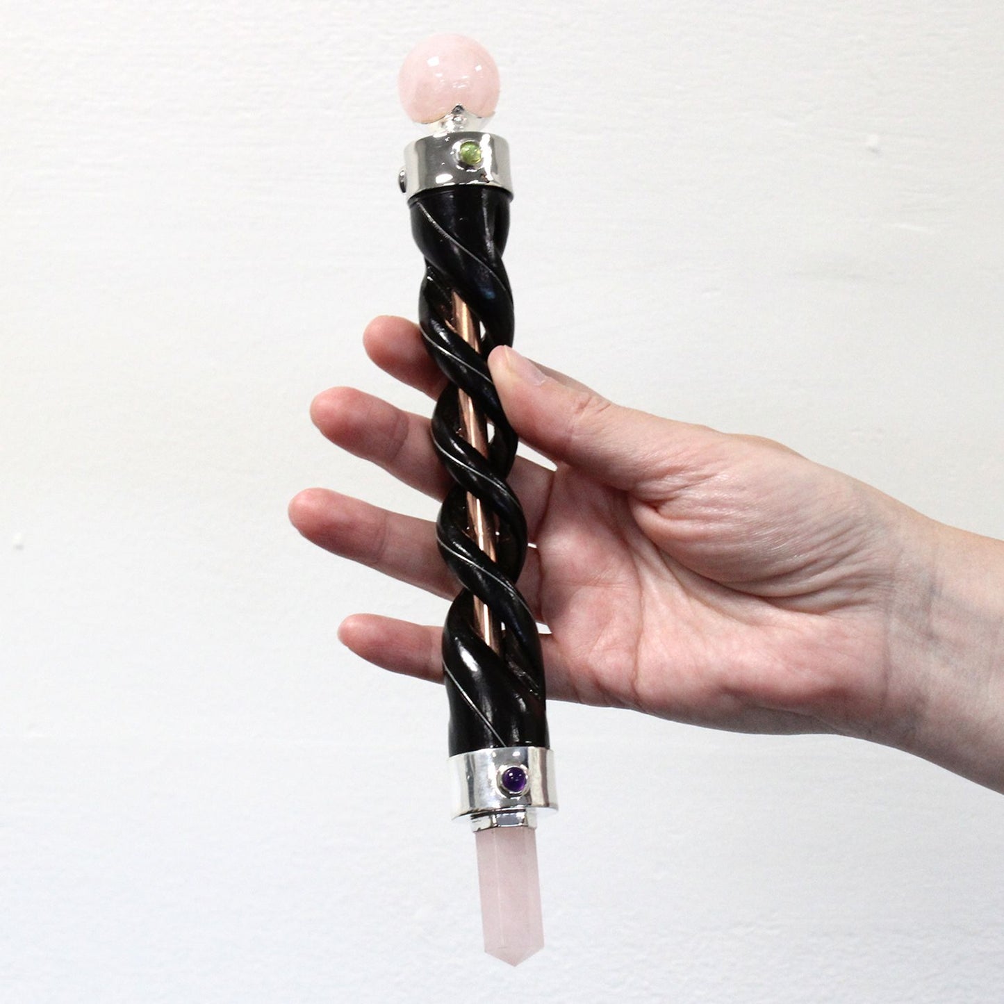 Spiral Schnitz Heilungsstab Kupferrohr Rosenquarz