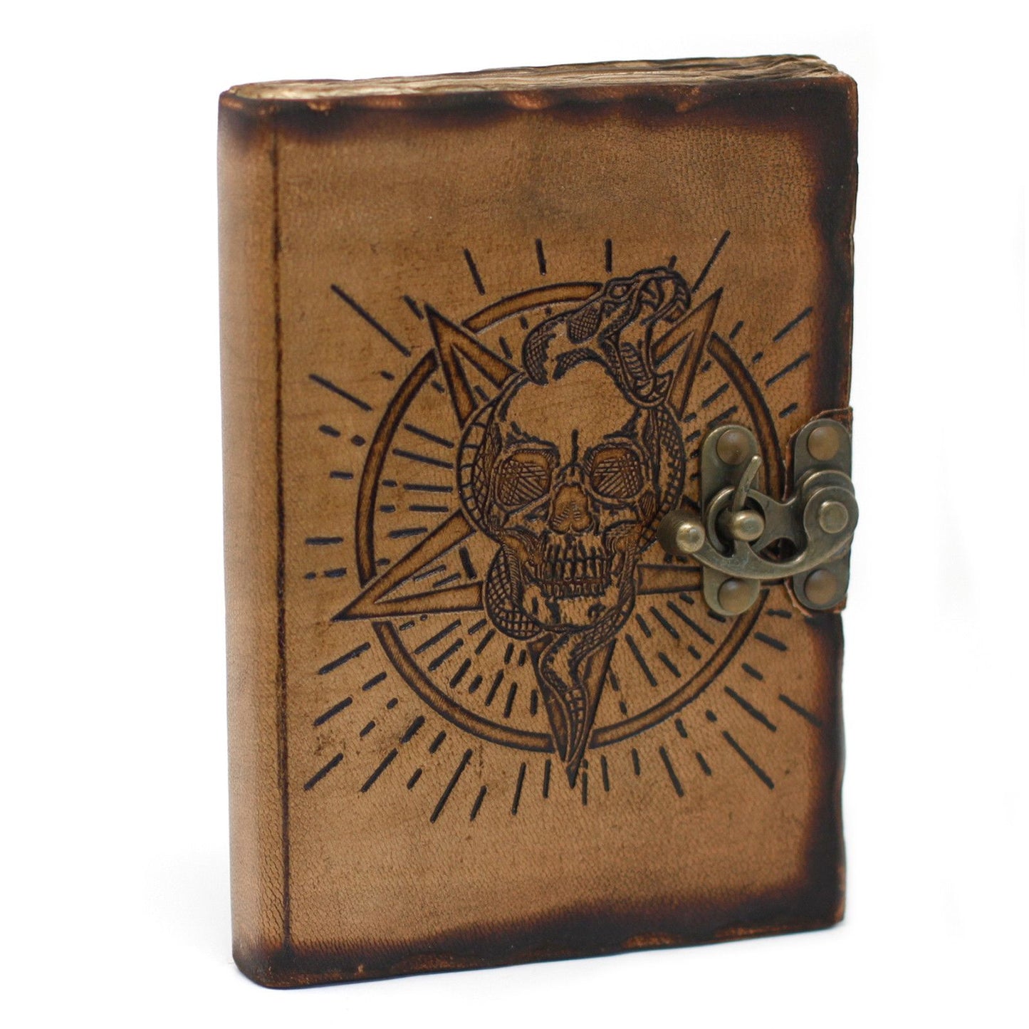 Leder Pentagon und Totenkopf mit Branddetails Notizbuch 18x13 cm