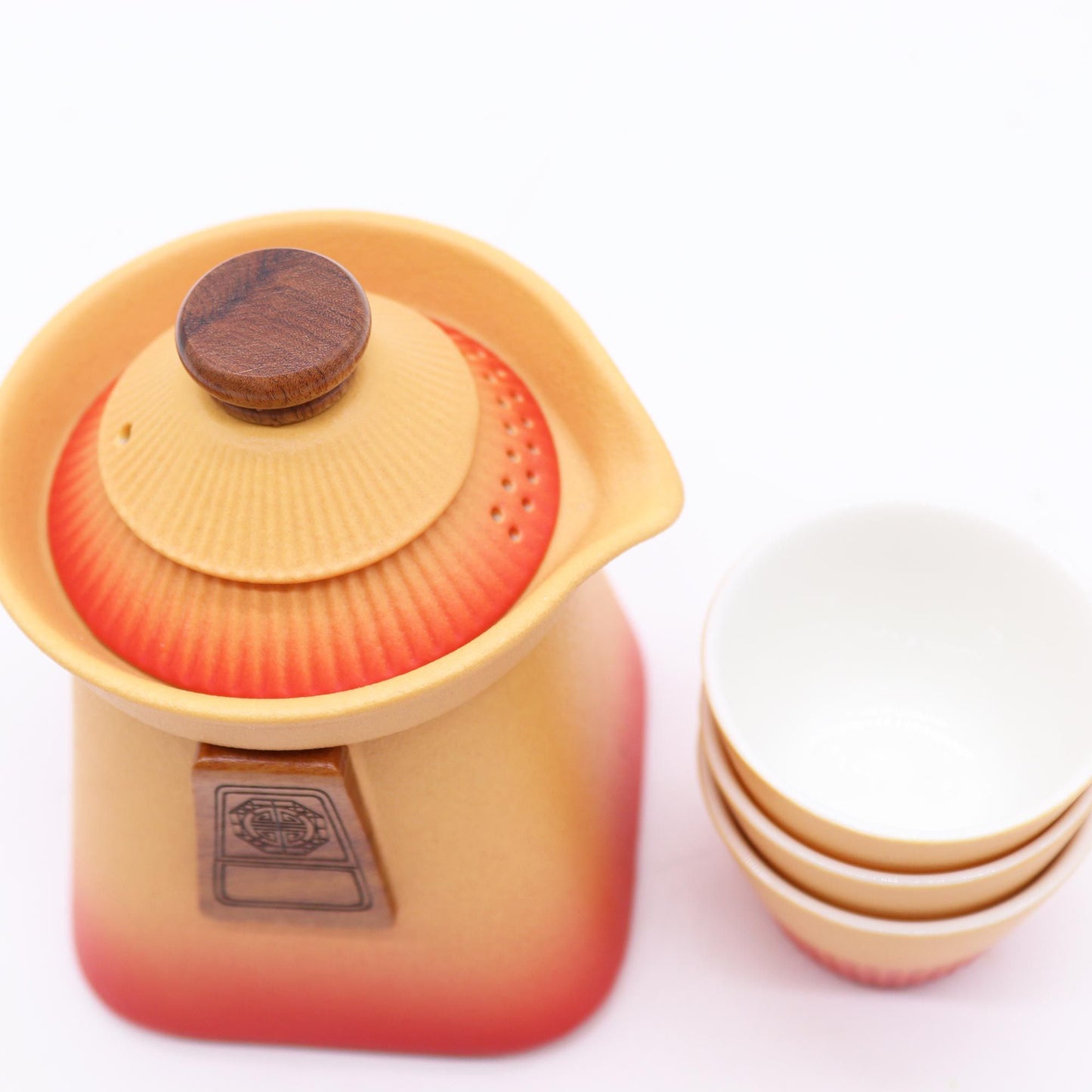 Tempel Teekannen Set Mit Drei Tassen - Orange Erde