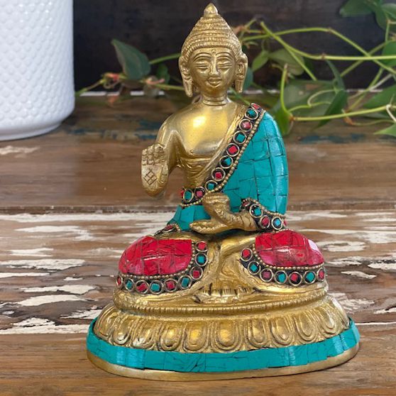 Messing Buddha Figur Segnung 15cm Handgefertigt aus Indien