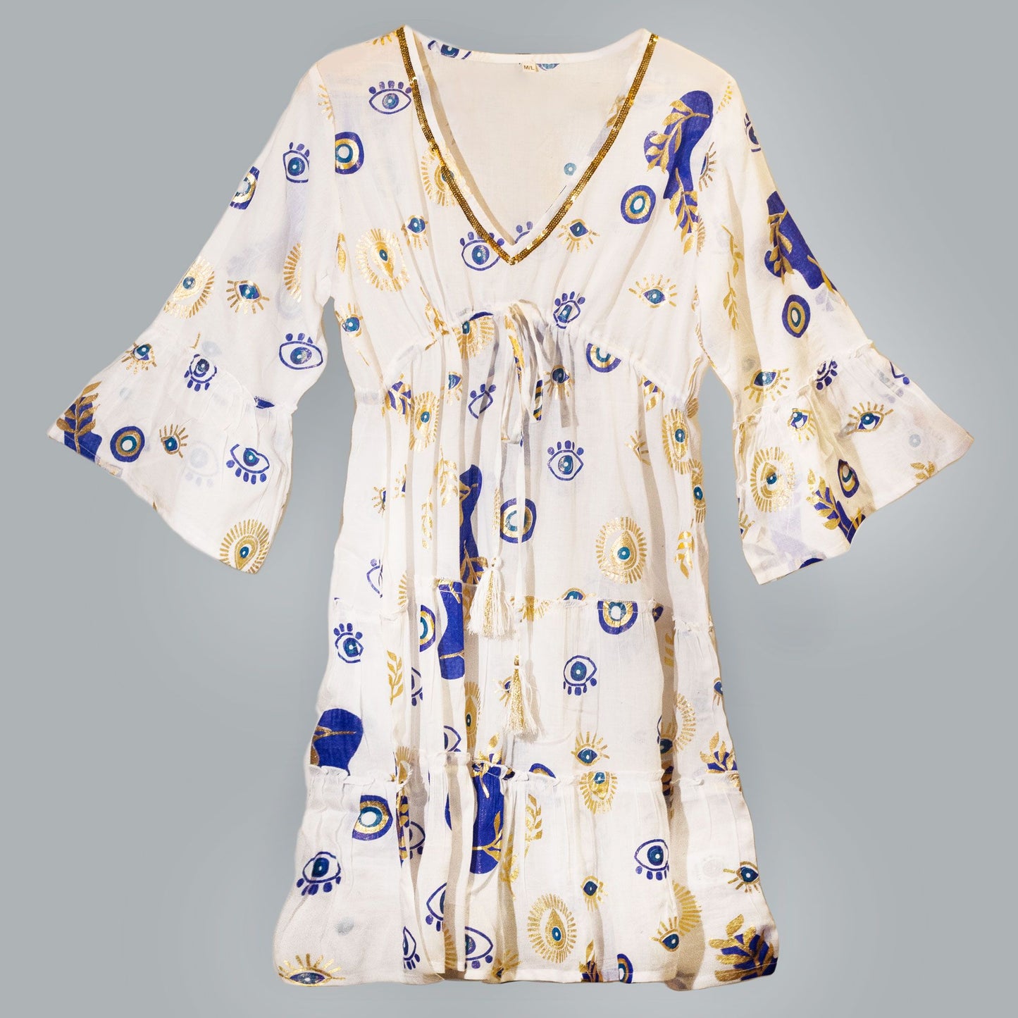 ML Nomad Sari Med Kollektion Kleid Weiß Blau Gold Böser Blick Design
