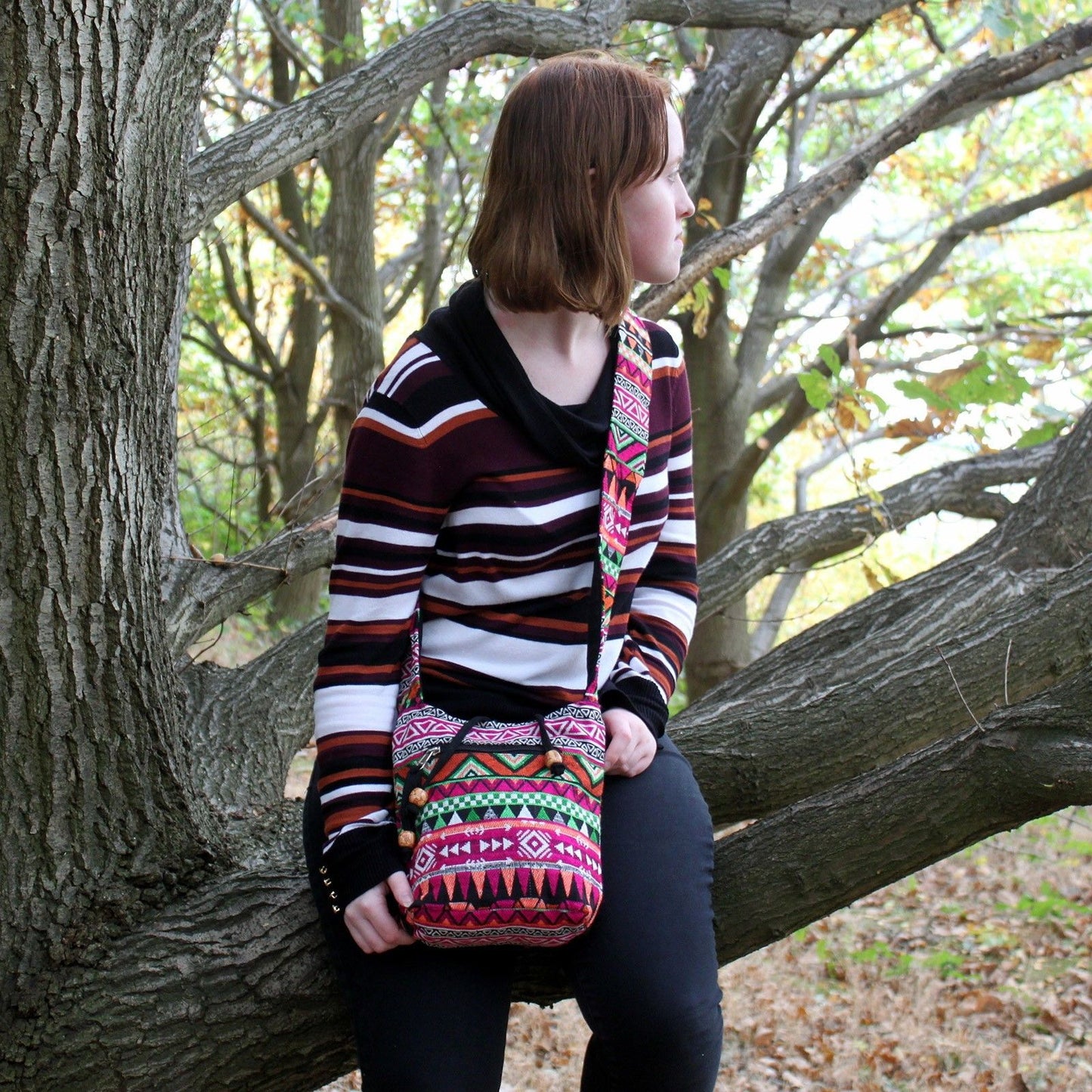 Jacquard Tasche - Pinke Umhängetasche aus Ethnischem Stoff