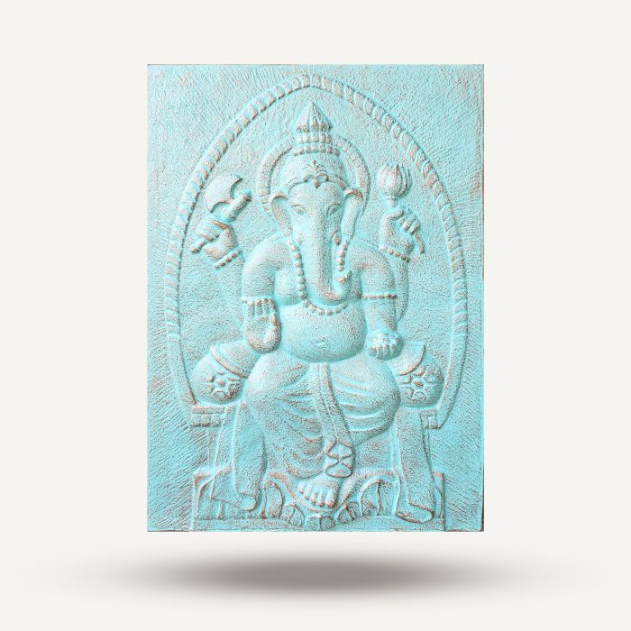 Großer Ganpati Eisenrahmen Türkis Relief 0,7x1m