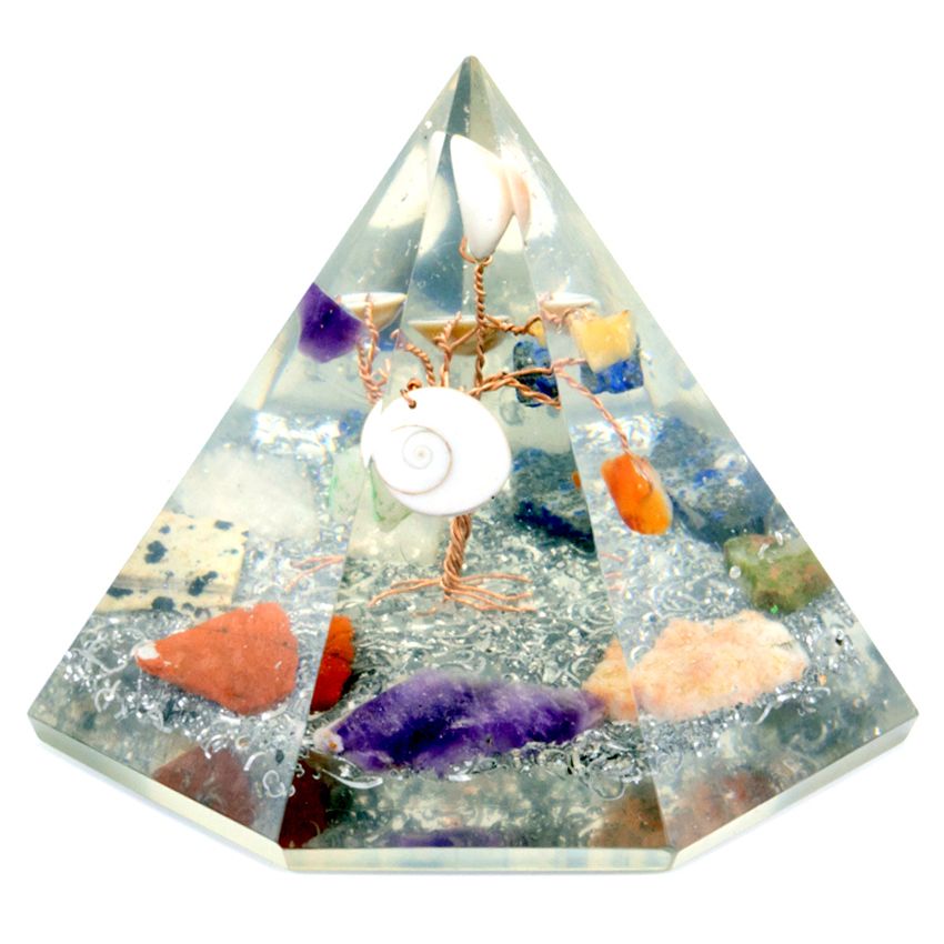 Orgonite Siebenseitige Pyramide Edelstein Weisheitsbaum 90 mm