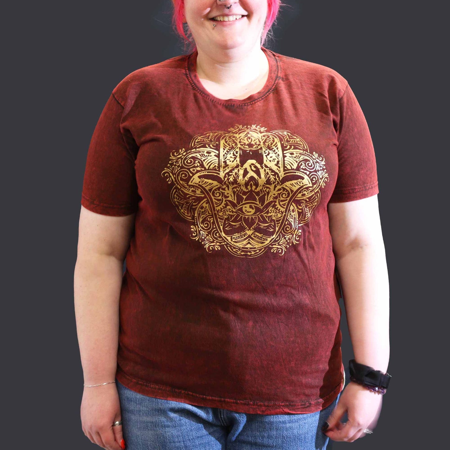 XLarge Stein Gewaschenes T-Shirt Hamsa Maroon