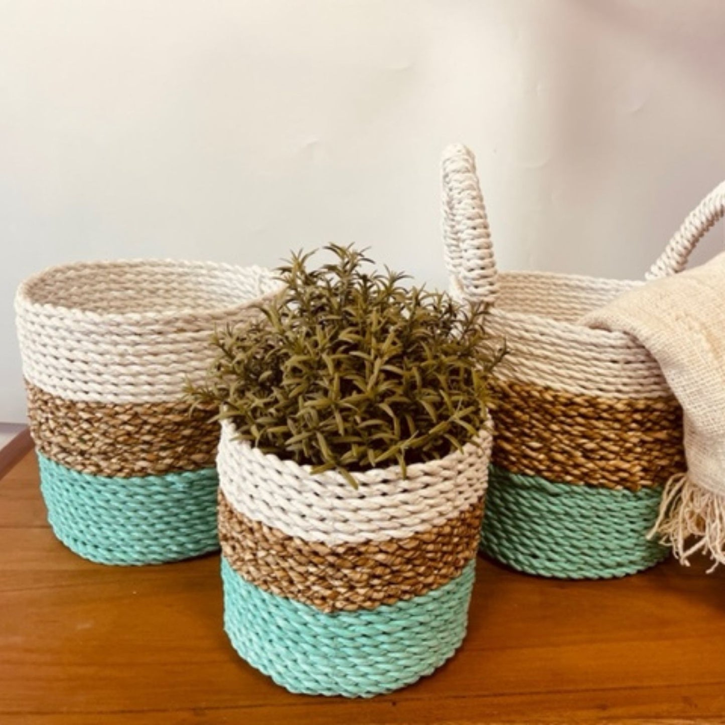 Seagrass Korb Set Grün Natur Weiß