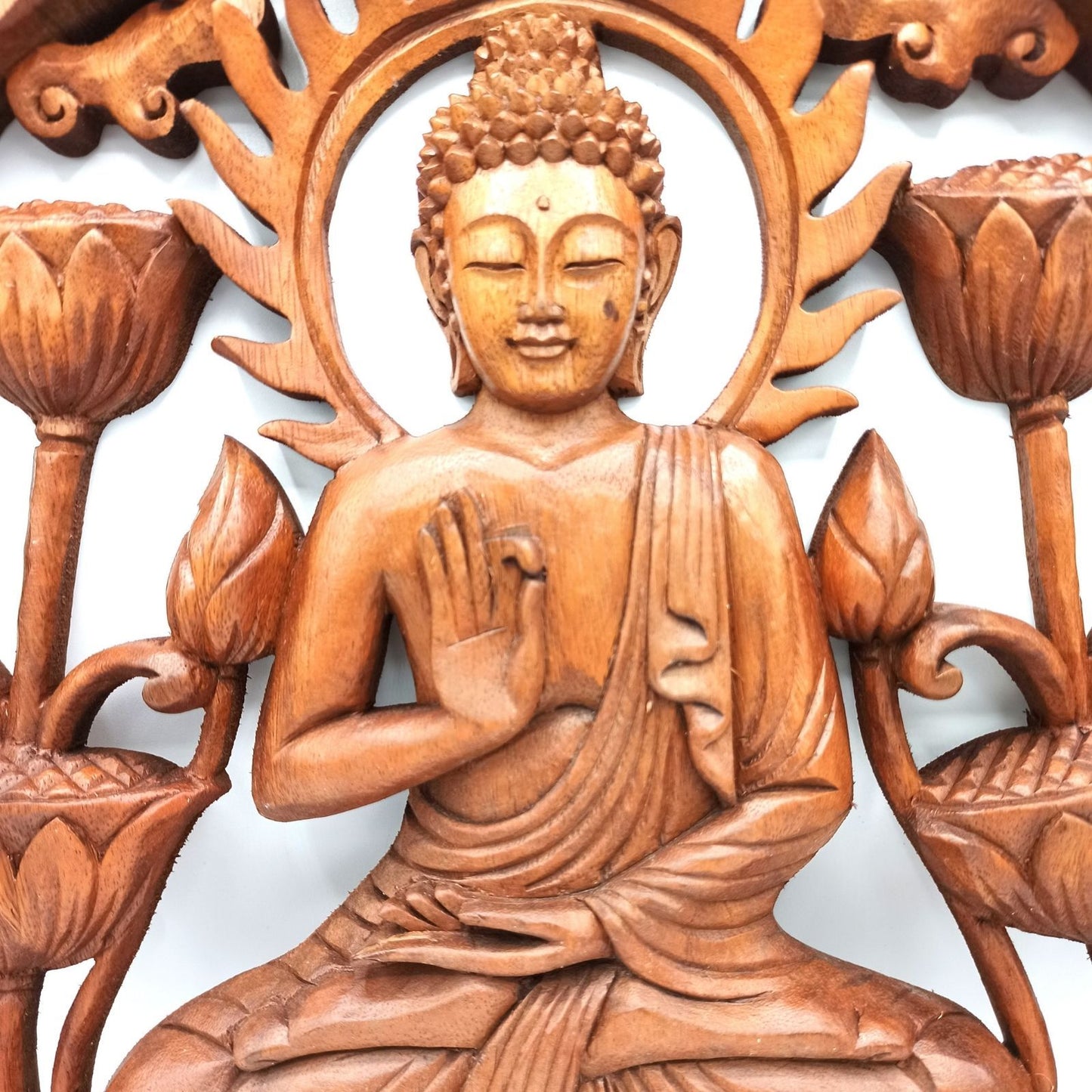 Buddha Und Lotus Wandpanel 40cm Handgefertigt Aus Nachhaltigem Suarholz