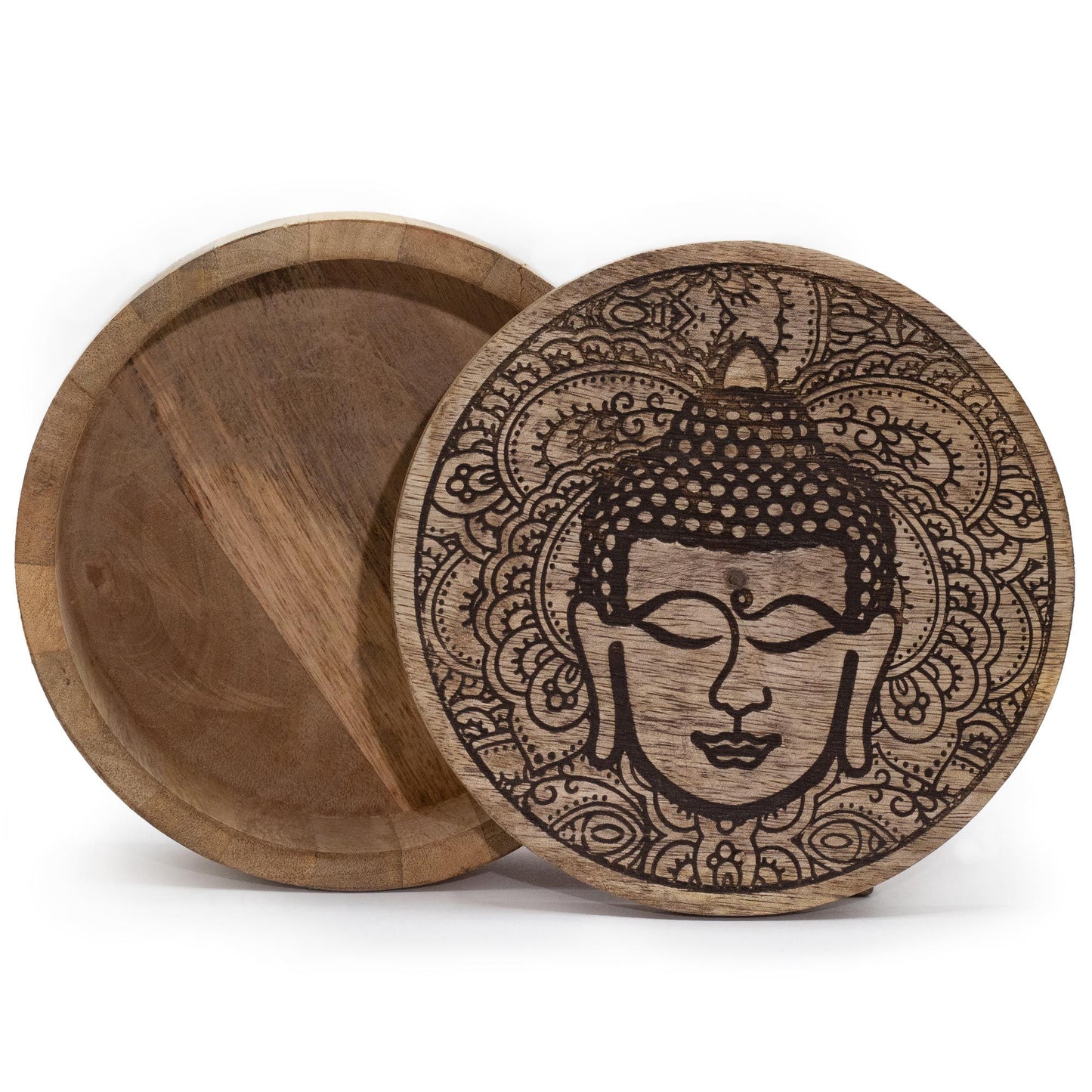 Große Runde Box 17,5x7,5cm Buddha Gesicht Schwarz Graviert