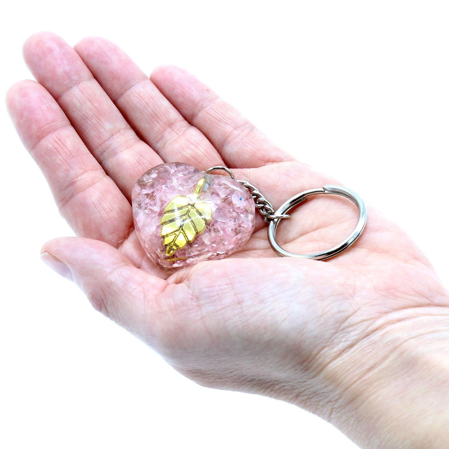 Orgonite Kraft Schlüsselanhänger - Rosenquarz Herzen Goldene Blätter