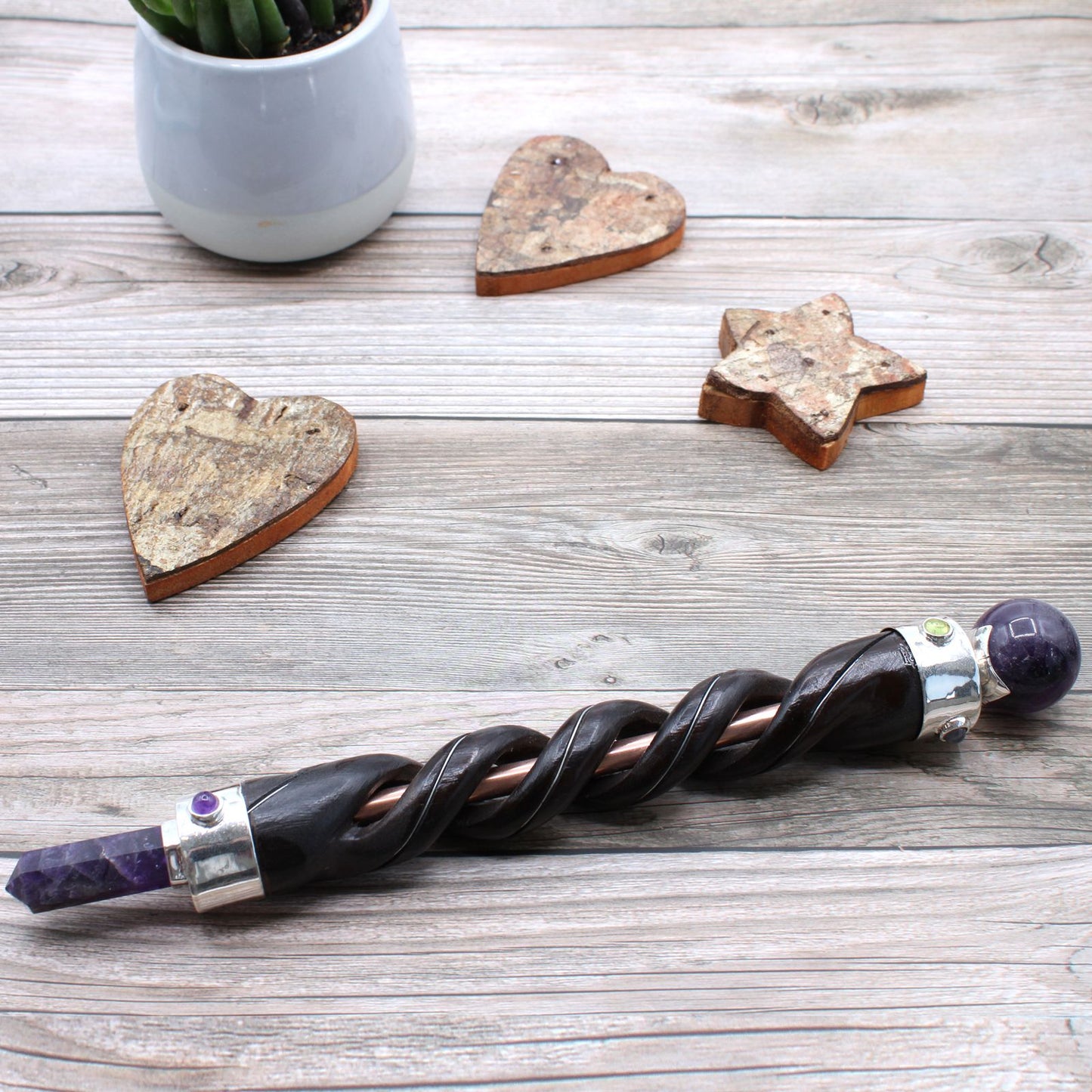 Spiral Schnitz Heilungsstab Kupferrohr Amethyst