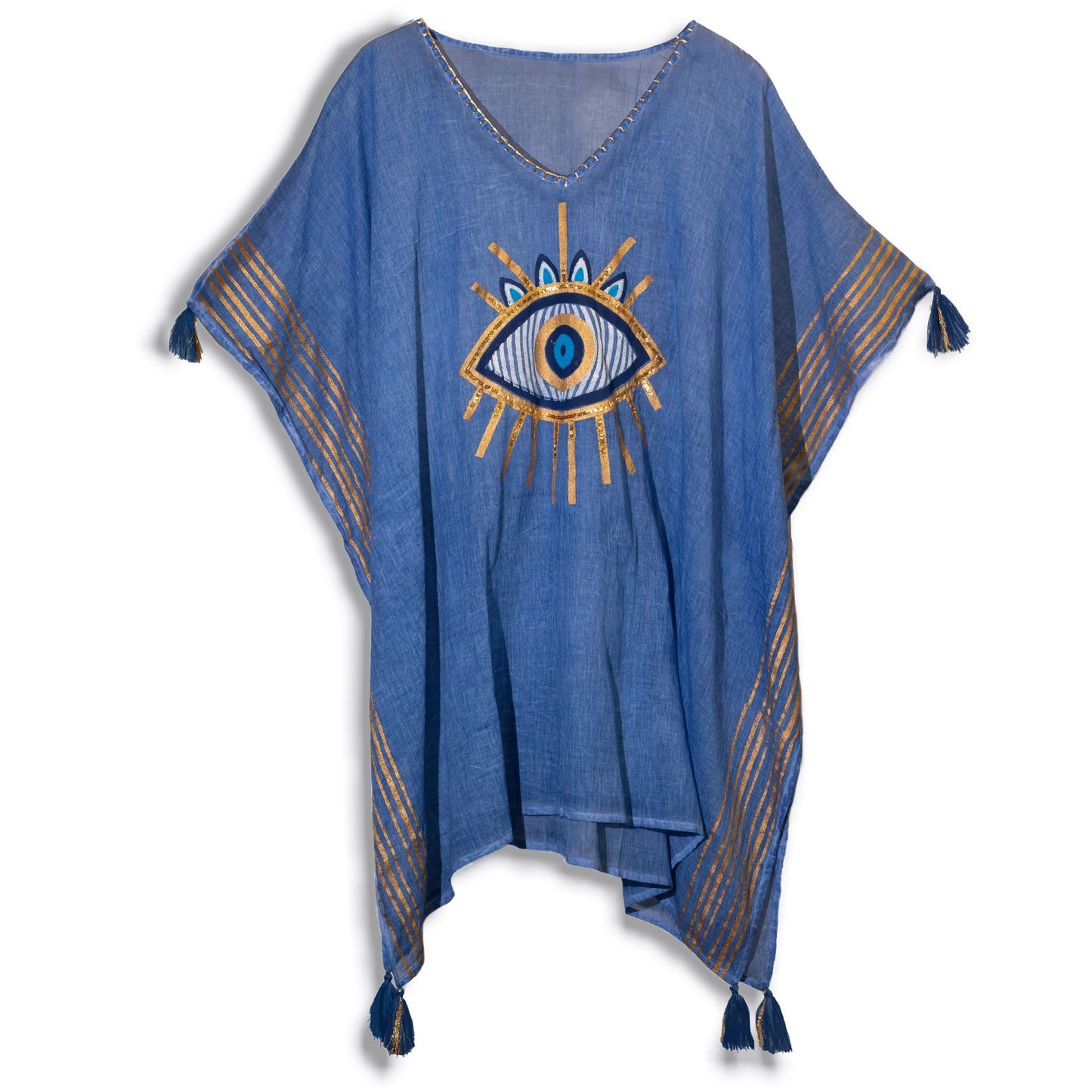Nomad Sari Med Kollektion Kaftan Reiches Blau Gold Handgemaltes Böse Auge Design Handgemalt