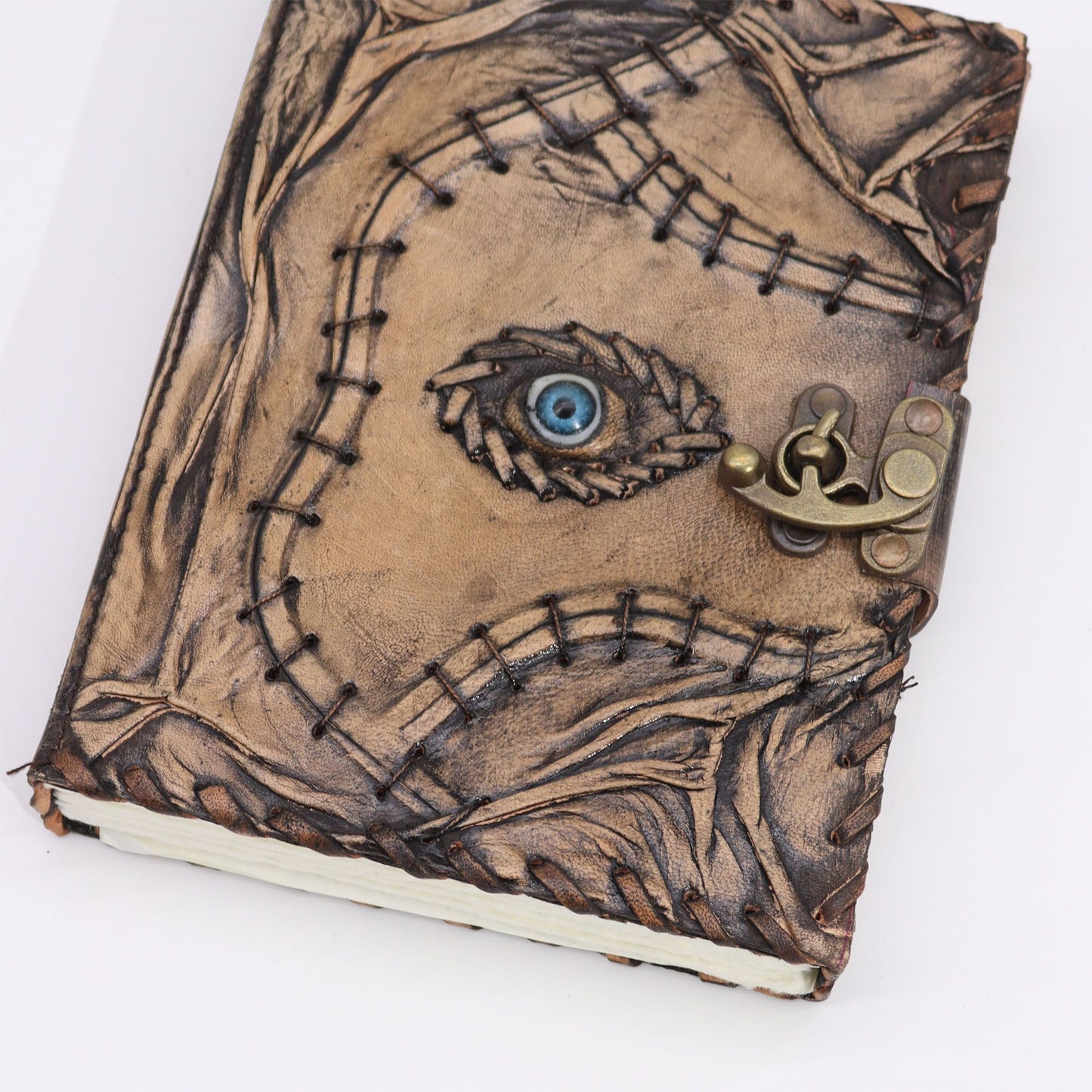 Braunes Tan Buch - Böse Augen Dekor - 160 Deckle Kanten Seiten - 20x15cm