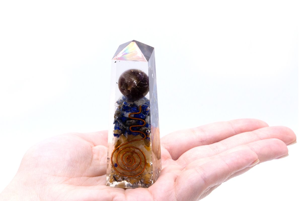 Orgonite Obelisk Power Point Kupfer Lapis und Gelber Aventurin 90x25 mm
