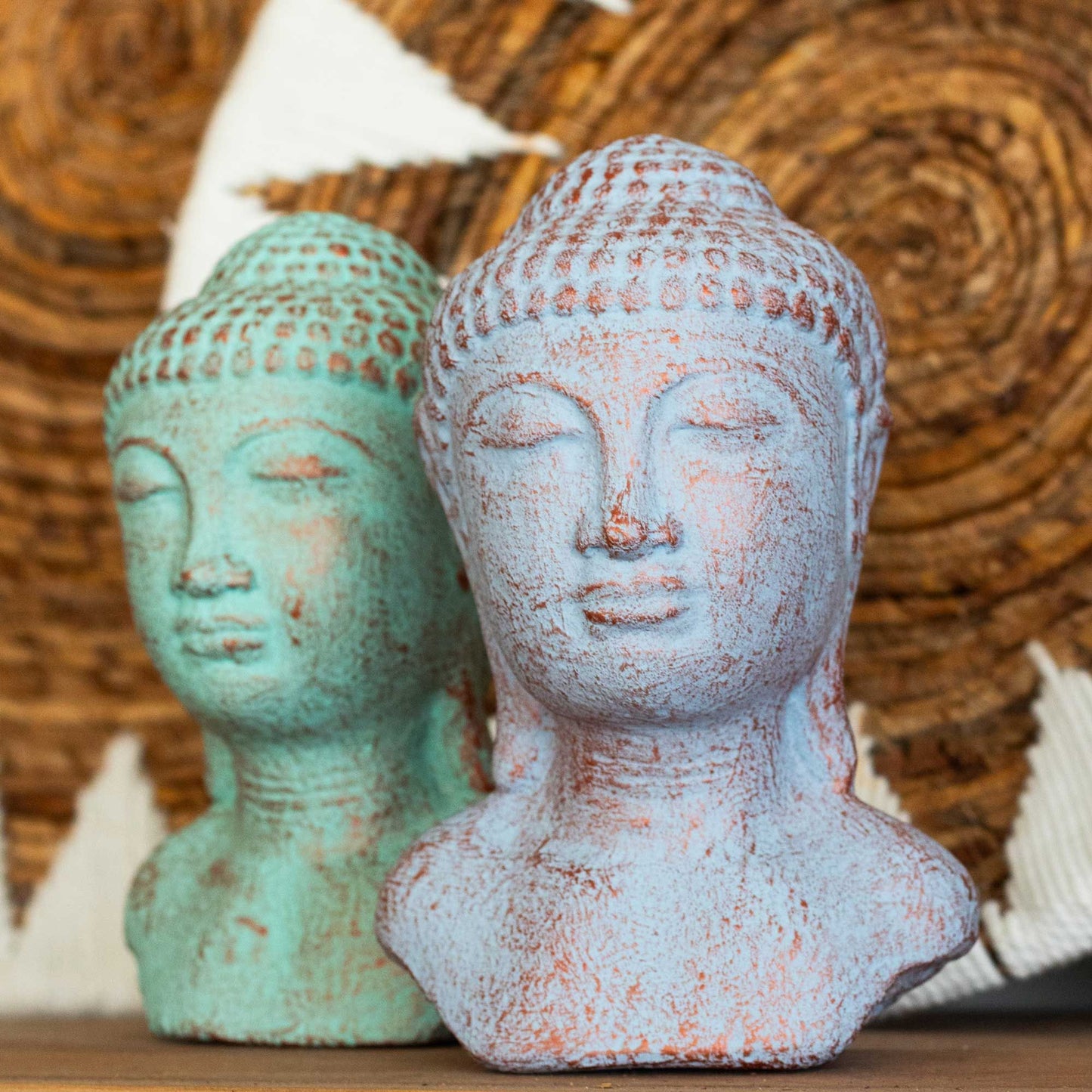 Ruhe Buddha Kopf Statue Blau Kupfer Handgefertigt Indonesien Robustes Beton Material