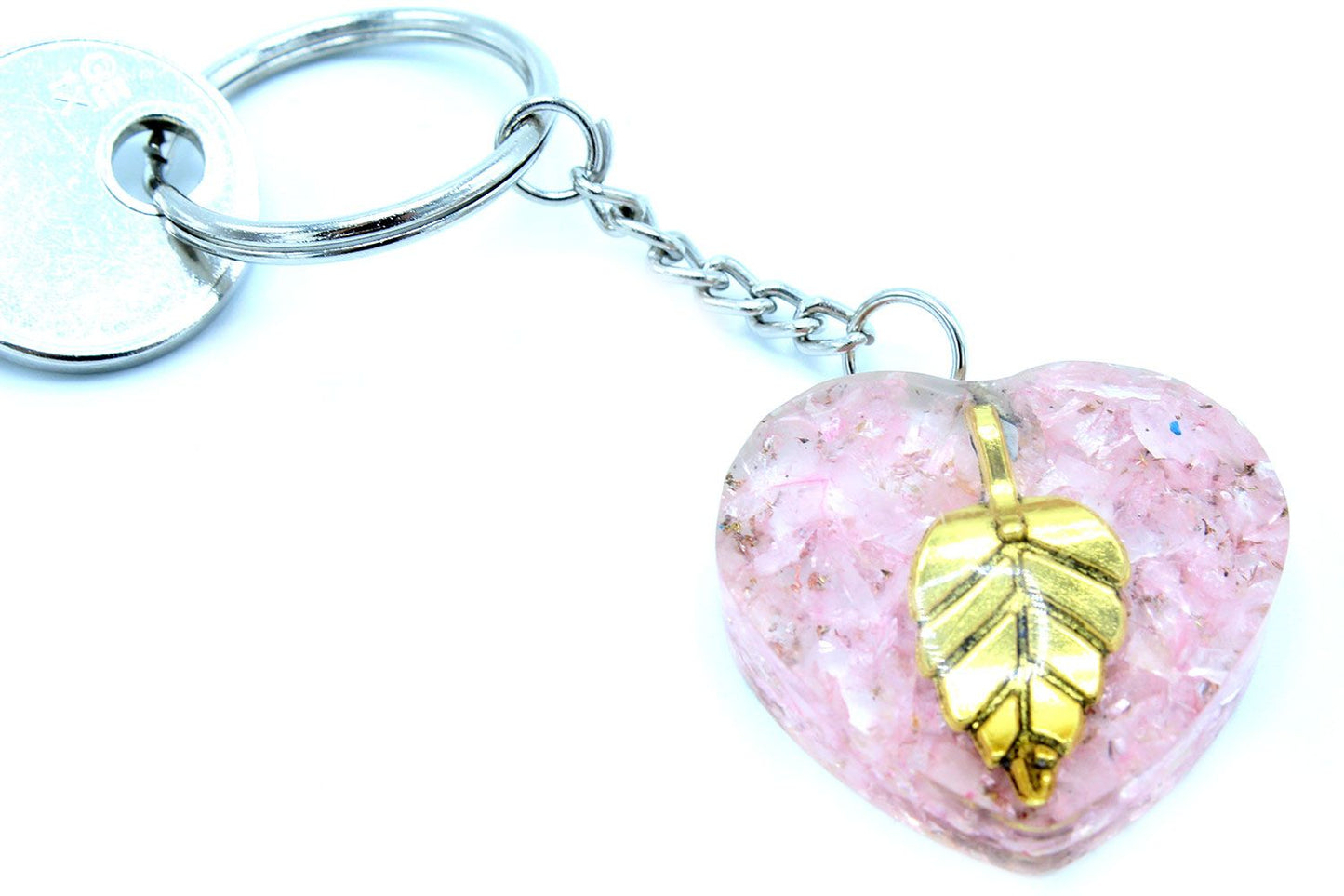 Orgonite Kraft Schlüsselanhänger - Rosenquarz Herzen Goldene Blätter