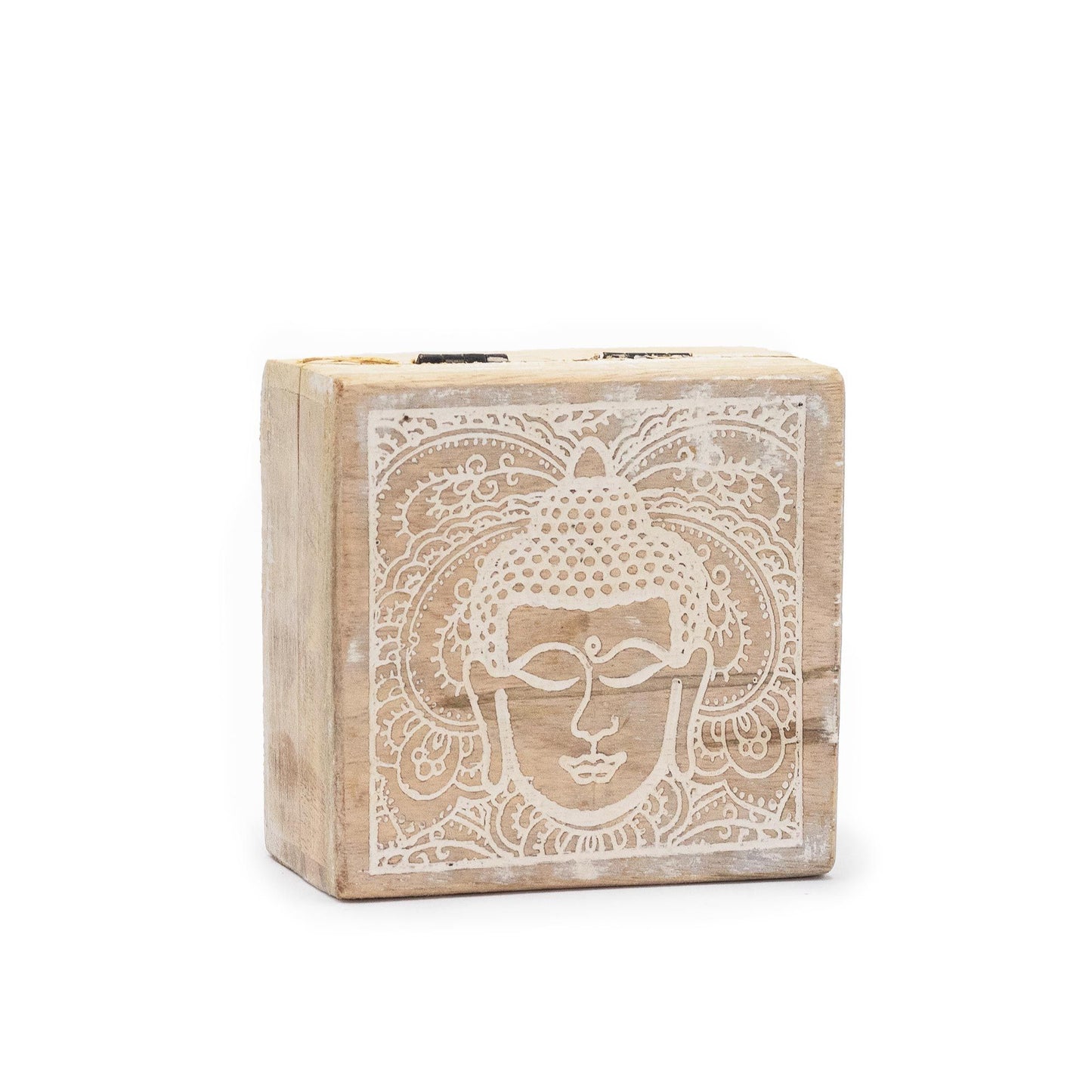 Kleine Quadratische Box 10x10x4,2cm Buddha Gesicht Weißgewaschen