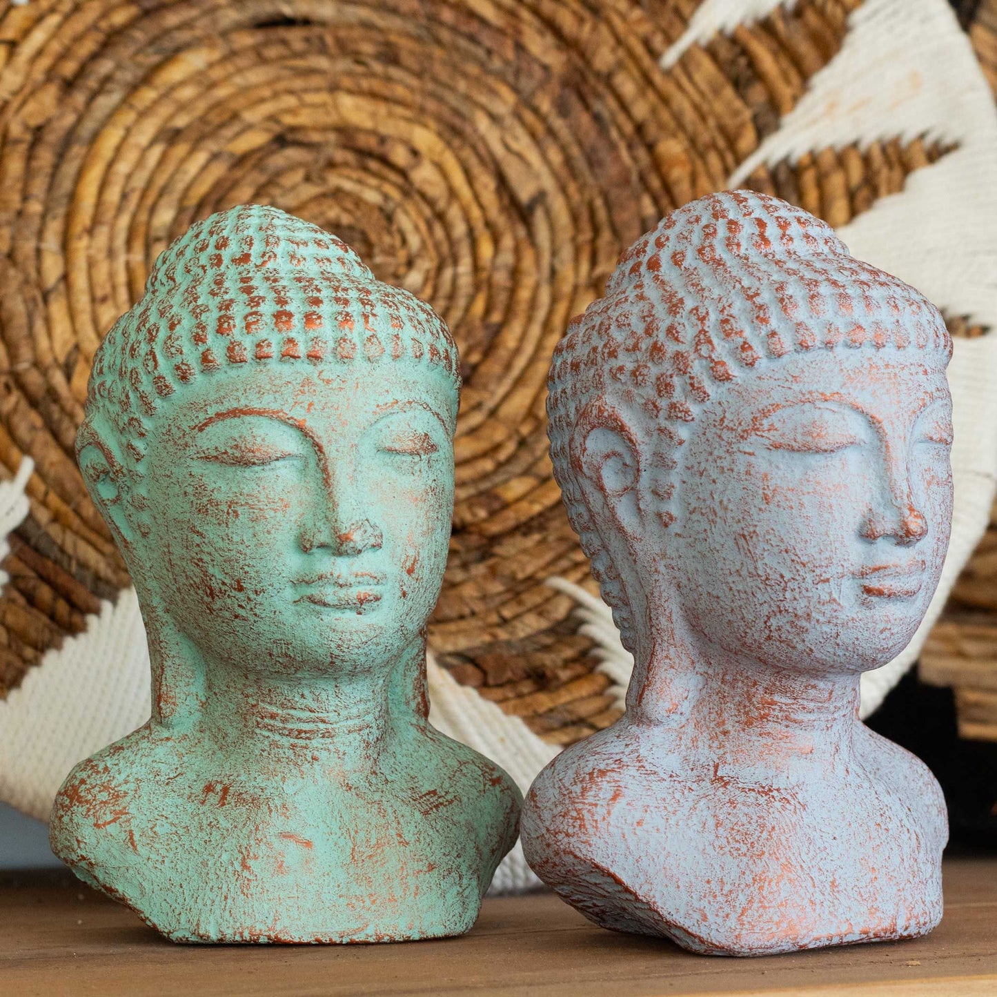 Ruhe Buddha Kopf Statue Blau Kupfer Handgefertigt Indonesien Robustes Beton Material