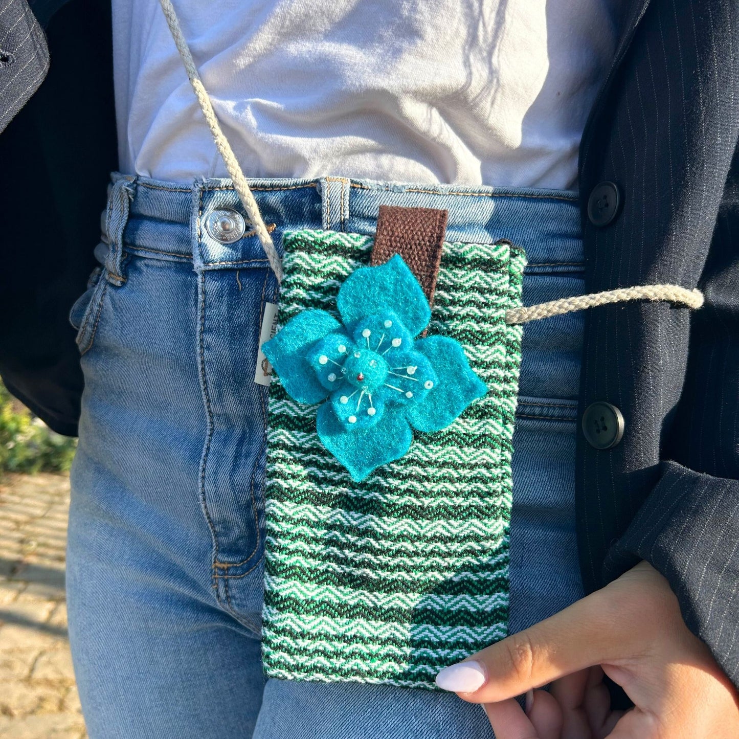 Handytasche Halter Grün Mit Streifen Und Blumen Dekor