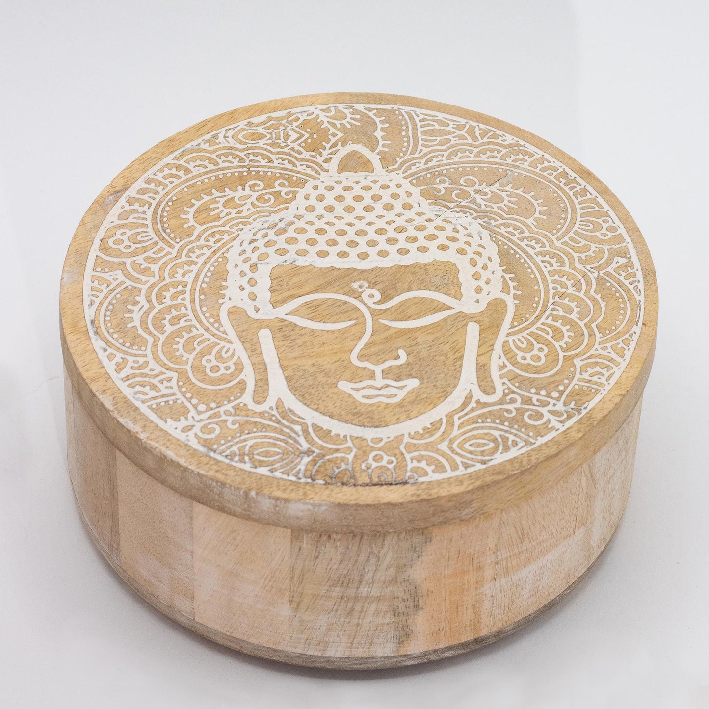 Große Runde Box 17,5x7,5cm Buddha Gesicht Weißlack