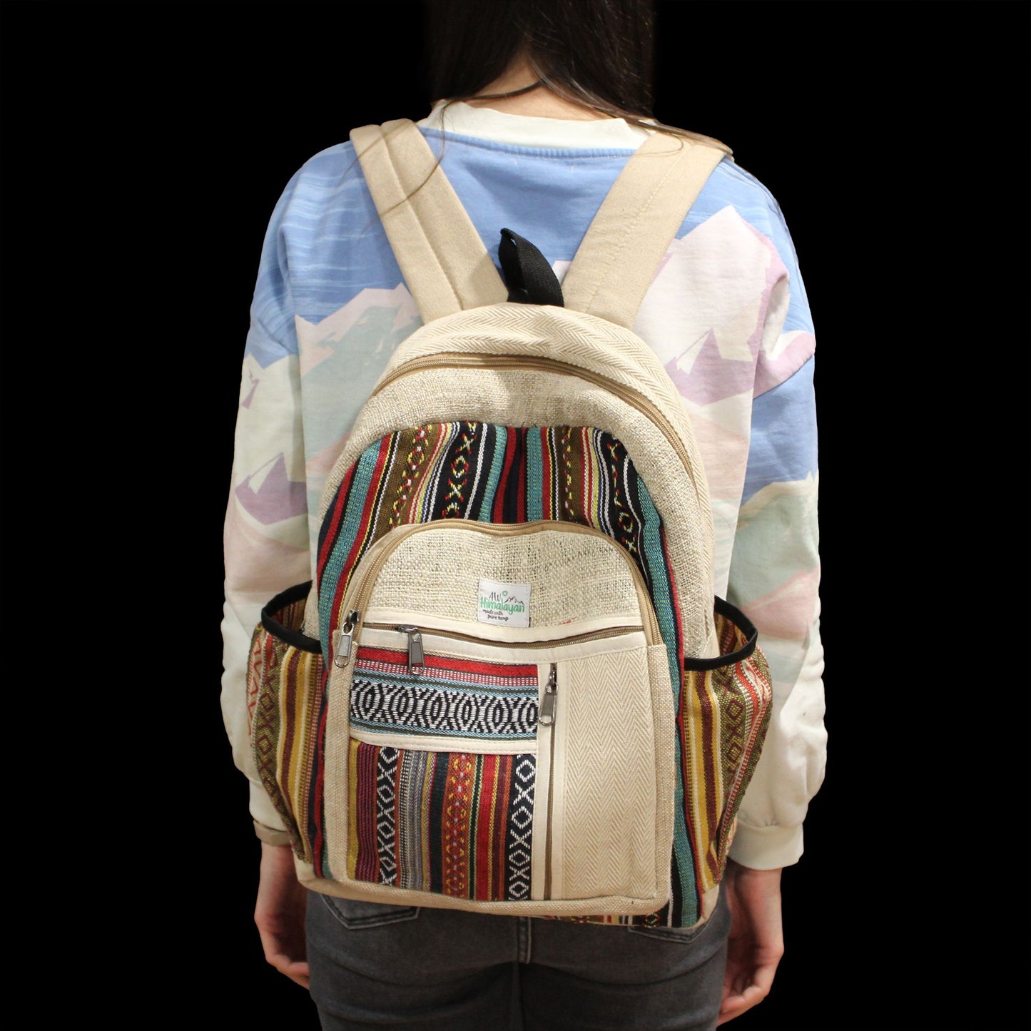 Großer Hanf Rucksack - Gerade Reißverschluss Stil