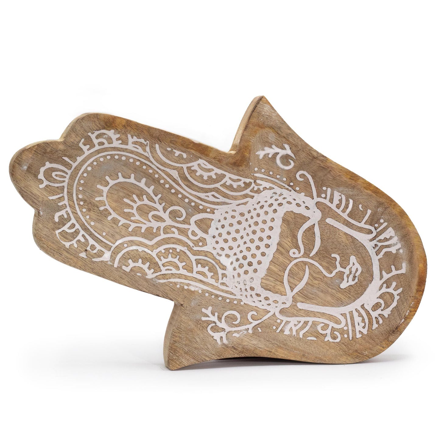 Langer Tablett 30x20,5x2,5cm - Hamsa Form mit Buddha Weißlack