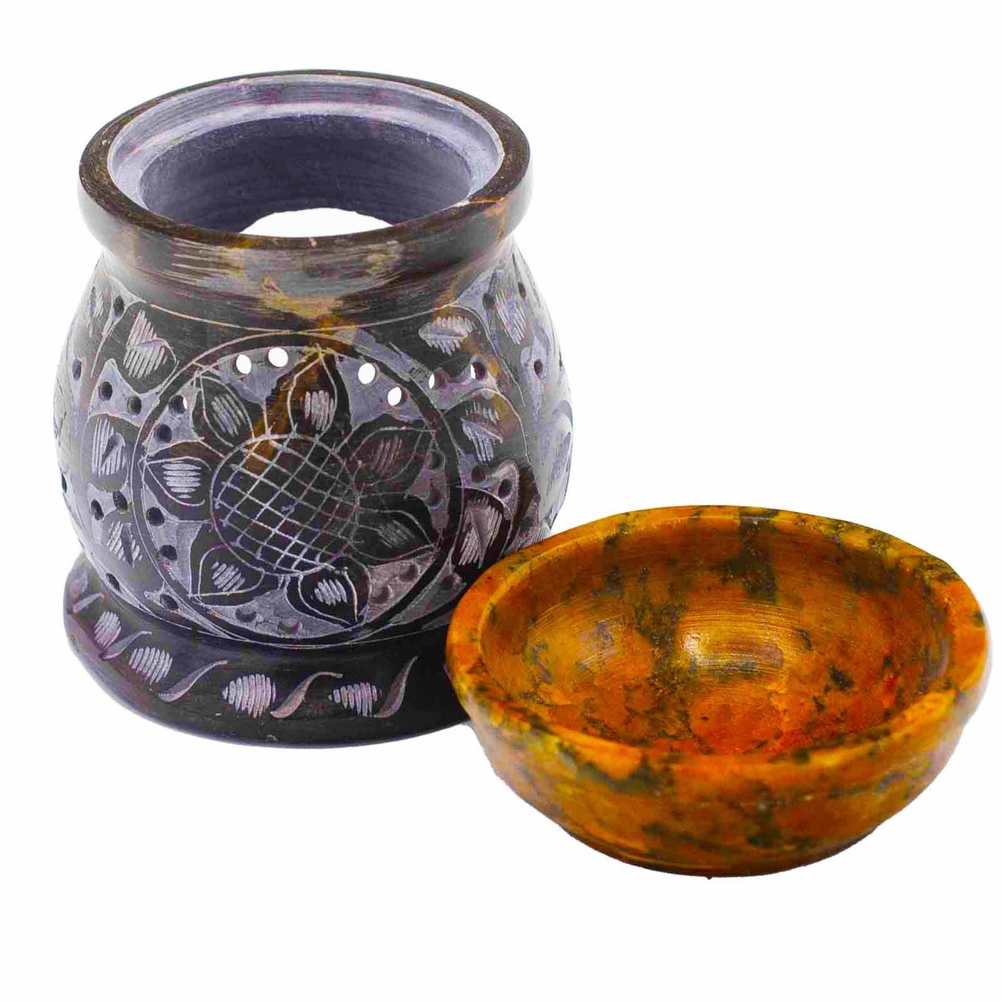 Seifenstein Öl Burner 10cm - Mandala Blume - Schwarz und Gelb