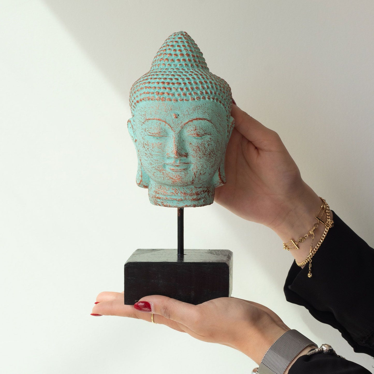 Stille Buddha Kopf auf Stand Grün Kupfer