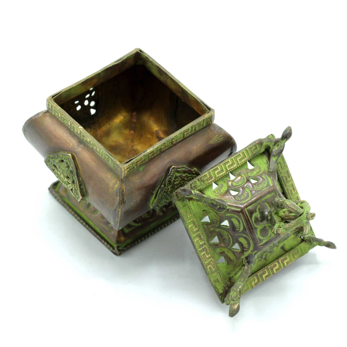 Messing Verdigris Tibetischer Räuchergefäß - Vier Symbole Quadrat Stehender Topf