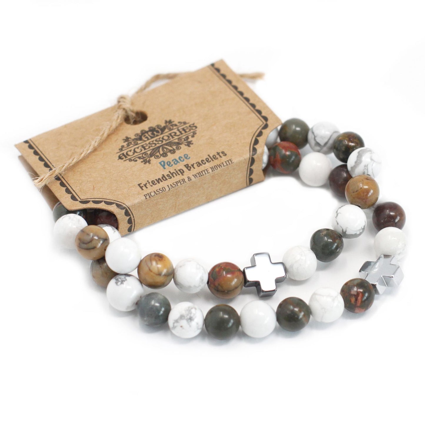 Set von 2 Freundschaftsarmbändern aus Edelsteinen - Frieden - Picasso-Jaspis und Weiße Howlite