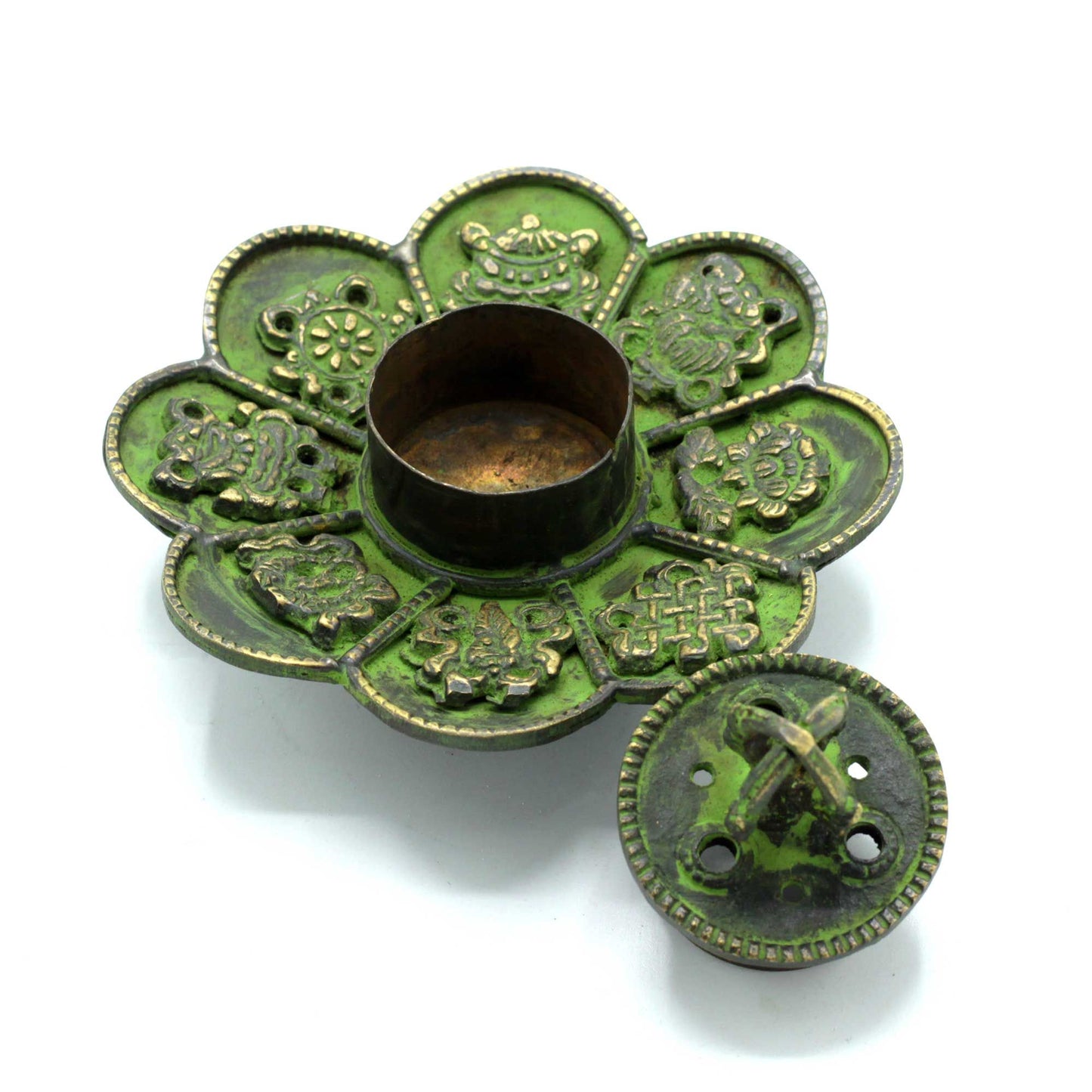 Messing Verdigris Tibetanischer Kegel Und Räucherstäbchenhalter Acht Symbole