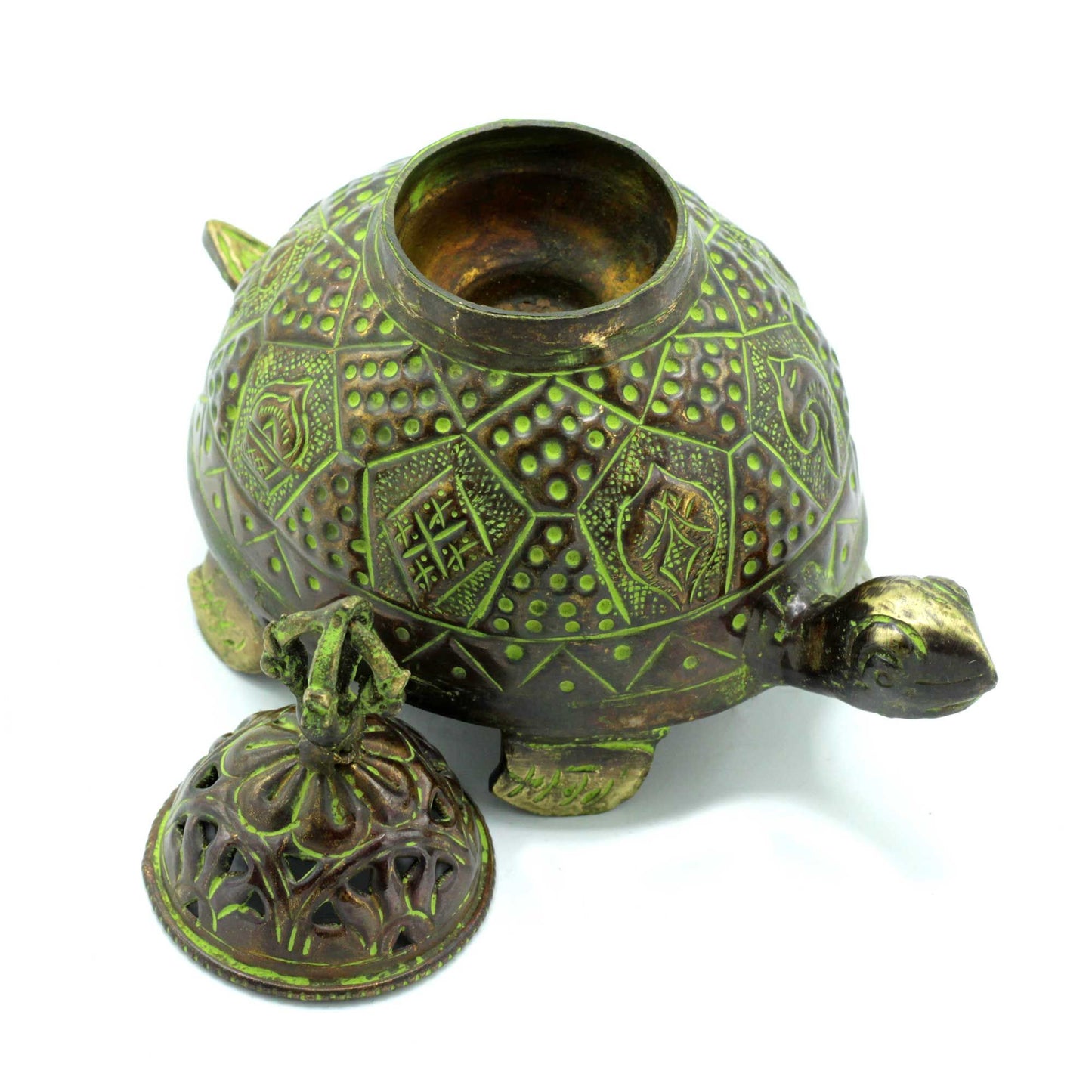 Messing Verdigris Tibetische Schildkröte Räucherstäbchenhalter Groß