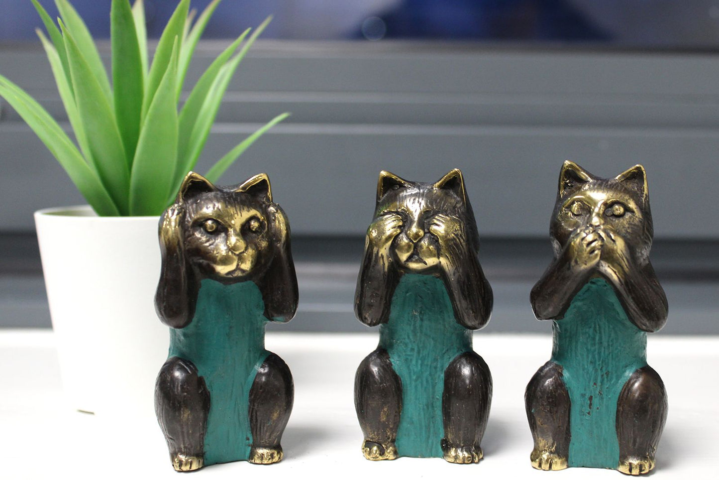 Set Mit 3 - Siehe Keine, Höre Keine, Spreche Kein Übel - Messing Katzen