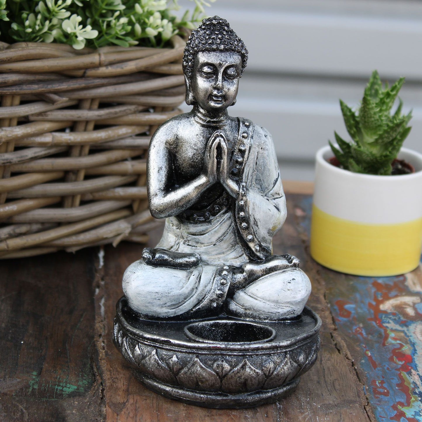 Buddha Kerzenhalter Weiß Mittelgroß Handbemalt von Bali Kunsthandwerkern