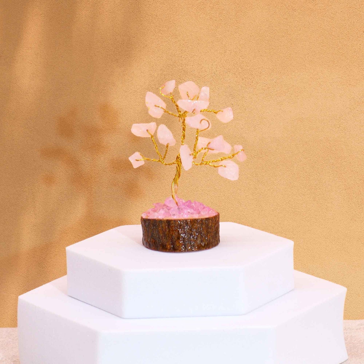 Mini Edelsteinbäume Auf Holzbasis - Rose Quarz Mit 15 Steinen
