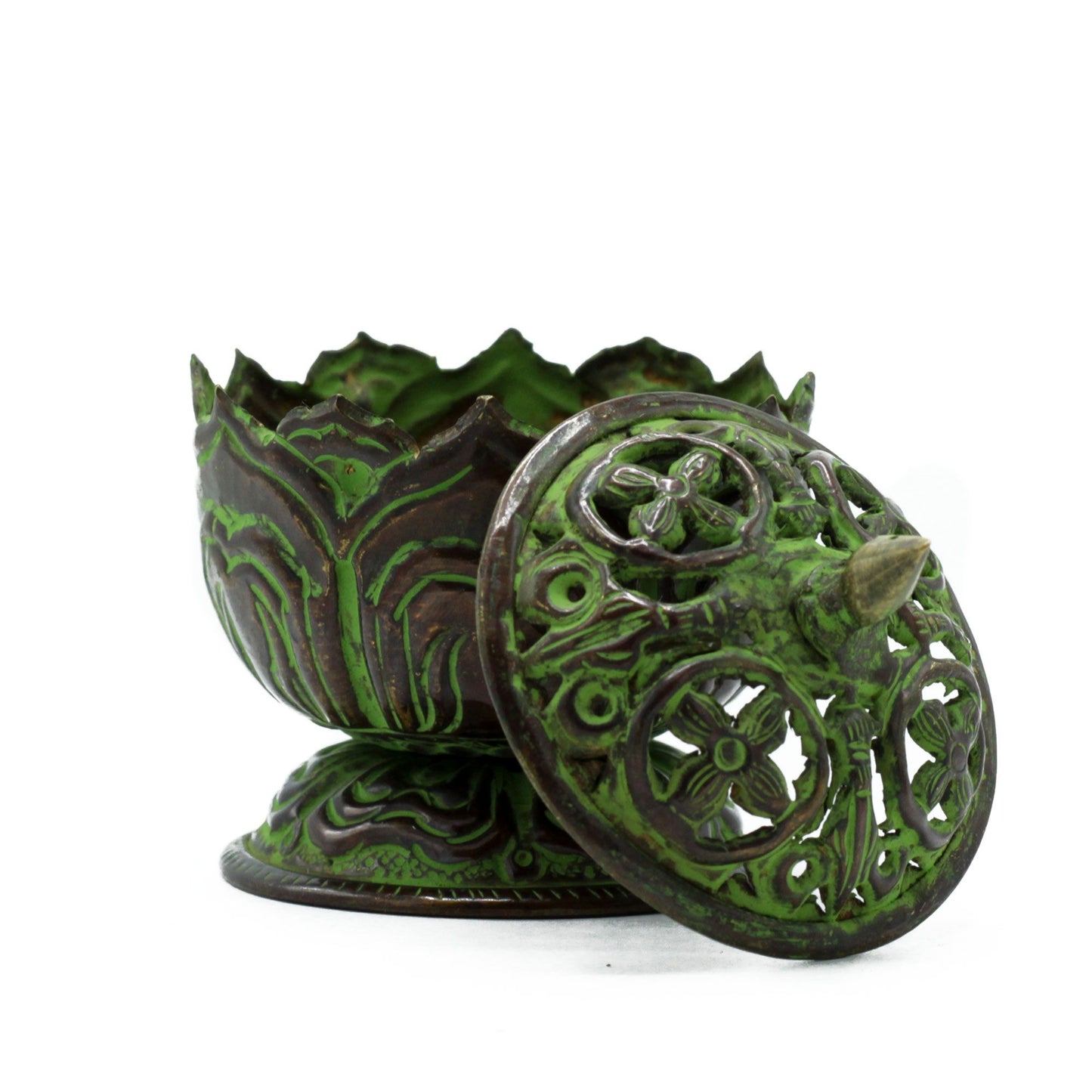 Messing Verdigris Tibetischer Räuchergefäß - Kleiner Lotus