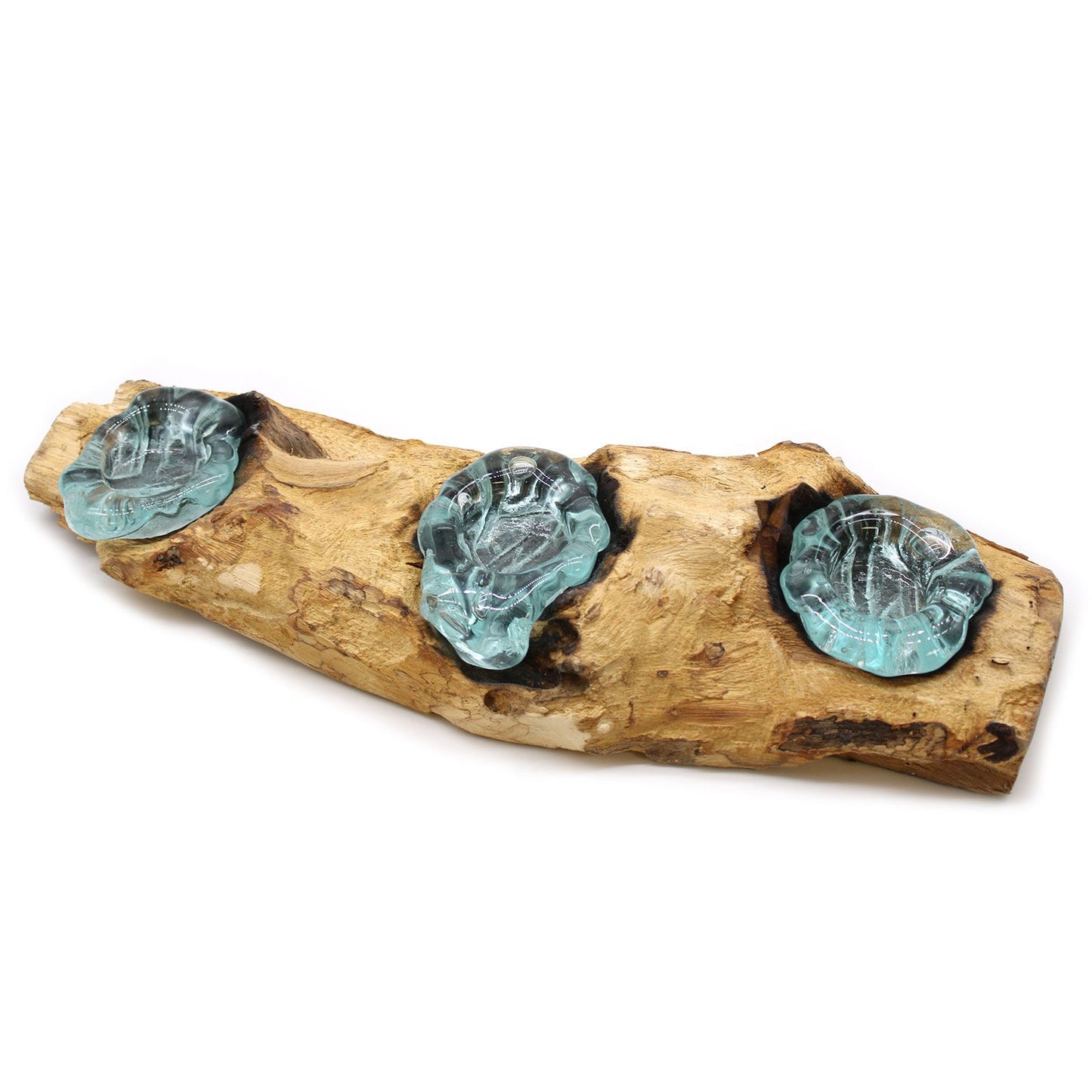 Moltenes Glas Flacher Dreifach Kerzenhalter Auf Holz