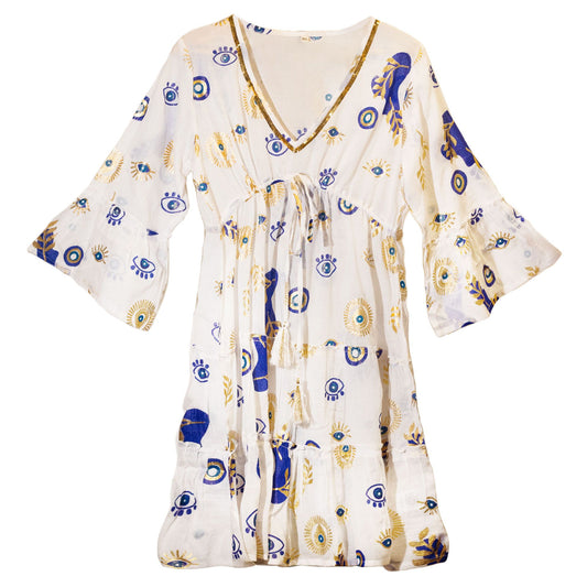 LXL Nomad Sari Med Kollektion Kleid Weiß Blau Gold böser Blick Design