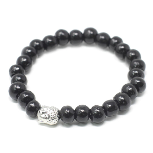 Dunkelholzperlen Und Buddha Armband Vintage Stil Elastisch Handgemacht In Indonesien