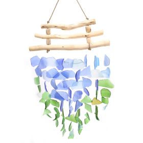 Drei Stäbe Windspiele Blau und Grün aus Recycletem Glas und Treibholz