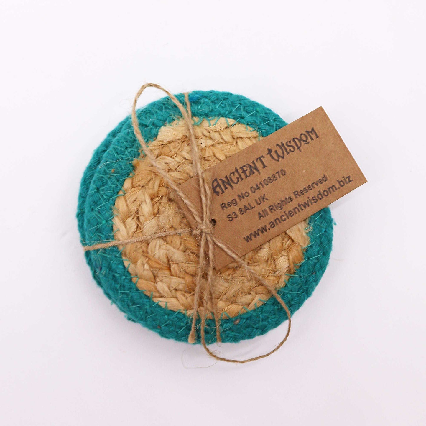 Naturuntersetzer Jute Baumwolle 10cm Set von 4 Teal Rand