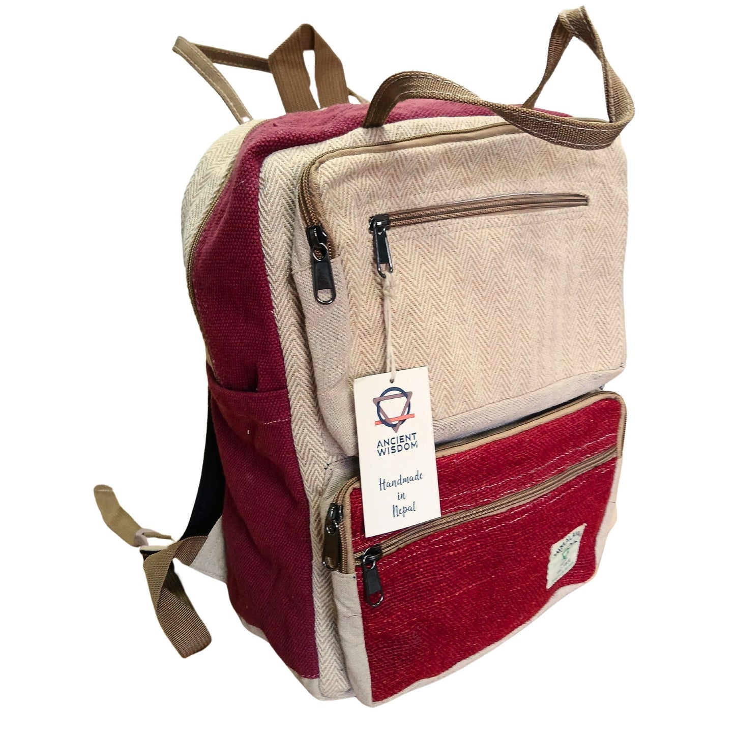 Großer Boxy Hanf Rucksack - Weinrot und Creme
