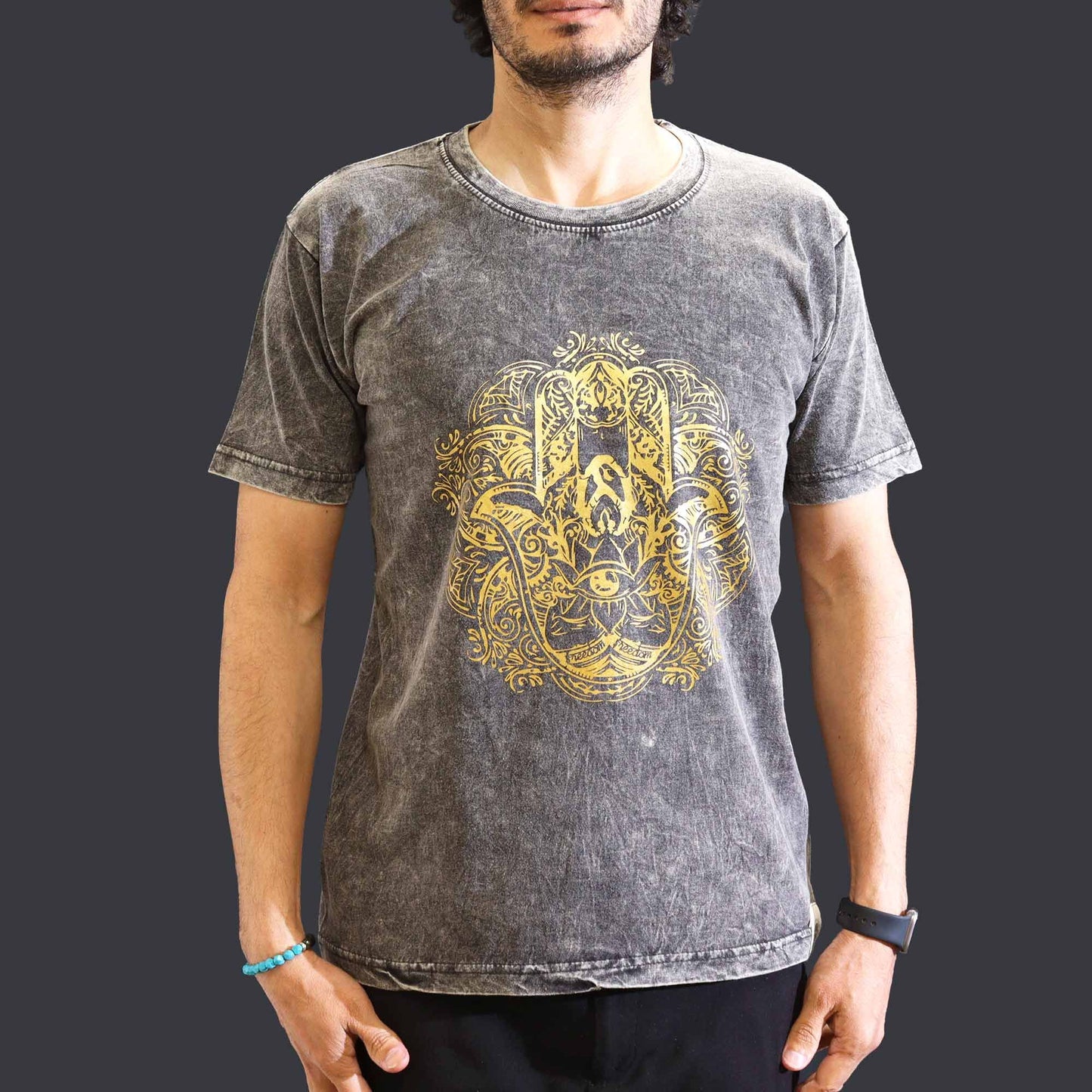 Mittleres Steingewaschenes T-Shirt Hamsa Dunkelgrau