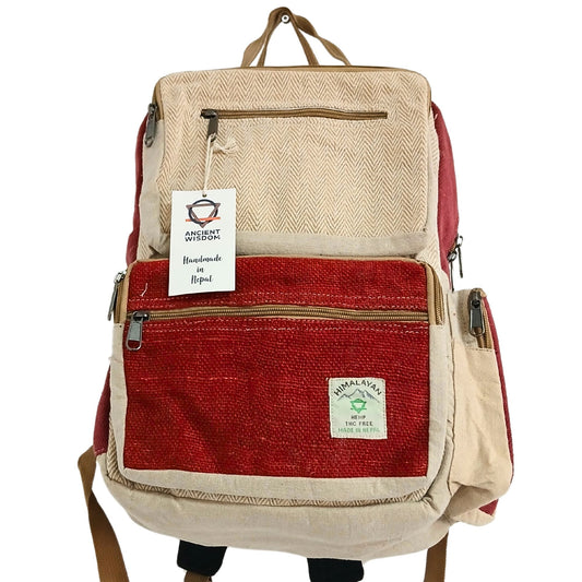 Großer Boxy Hanf Rucksack - Weinrot und Creme