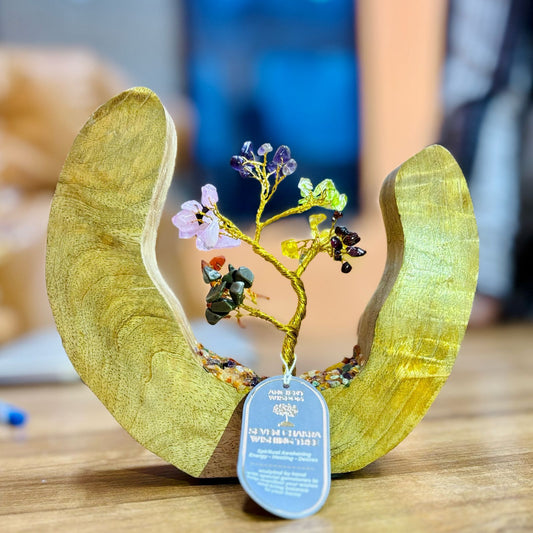 Edelsteinbaum Garten - Mango Holz Offener Ring - Sieben Chakren - 60 Chipsteine