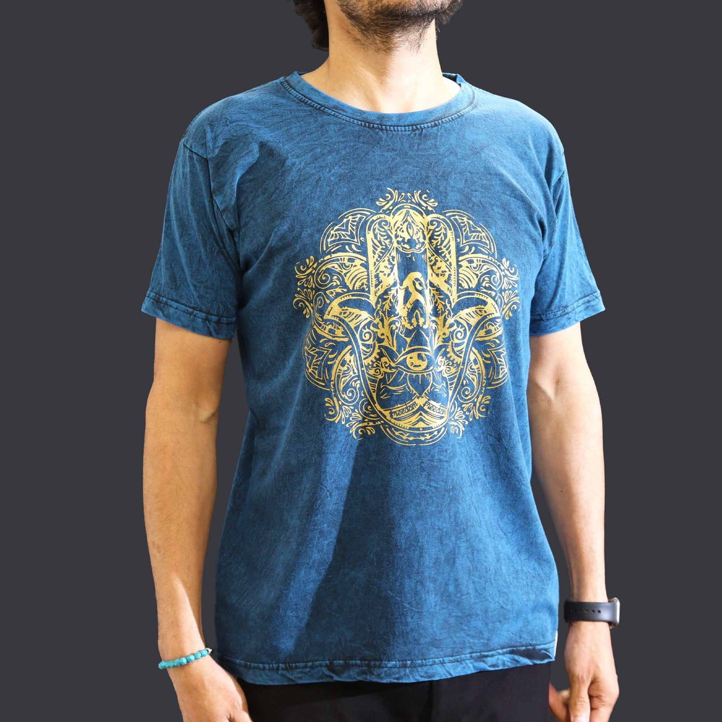 Mittleres Steinwasch T-Shirt Hamsa Blau