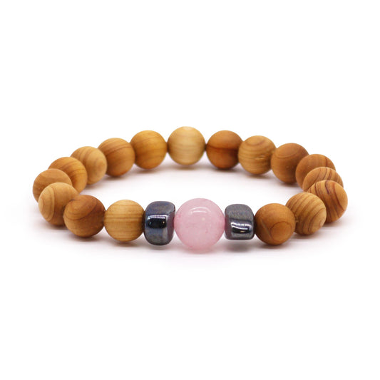 Zedernholz Herzchakra Armband mit Rosenquarz