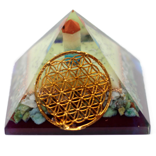 Lrg Organit Pyramide 70mm Mit Blume Des Lebens Symbols