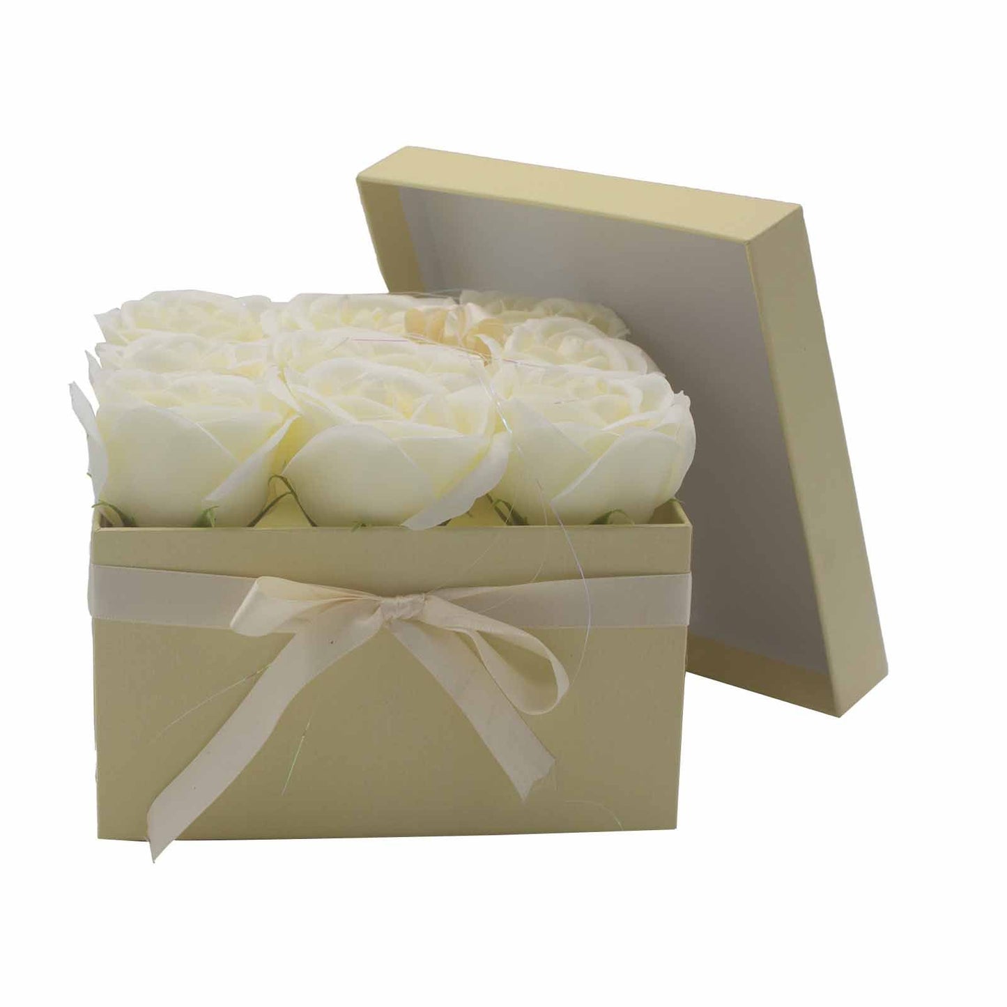 Seifenblumen Geschenkstrauß - 9 Creme Rosen - Quadratisch