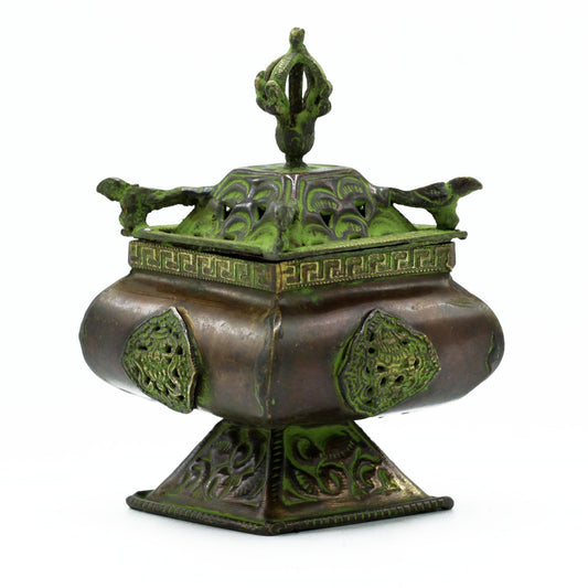 Messing Verdigris Tibetischer Räuchergefäß - Vier Symbole Quadrat Stehender Topf